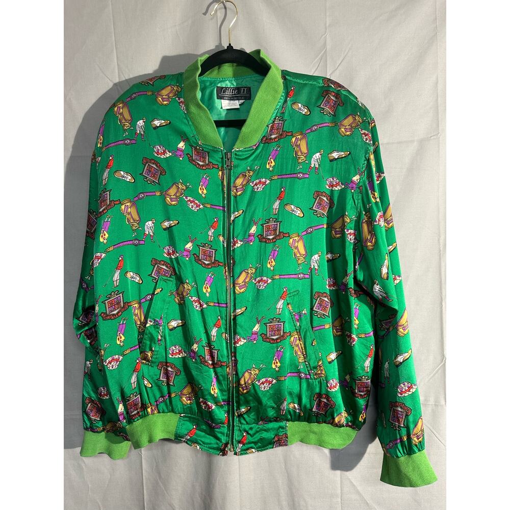 Vintage Bomber Jacket Mens XL Green Silk Gold Print AOP Colorful 90s Full Zip